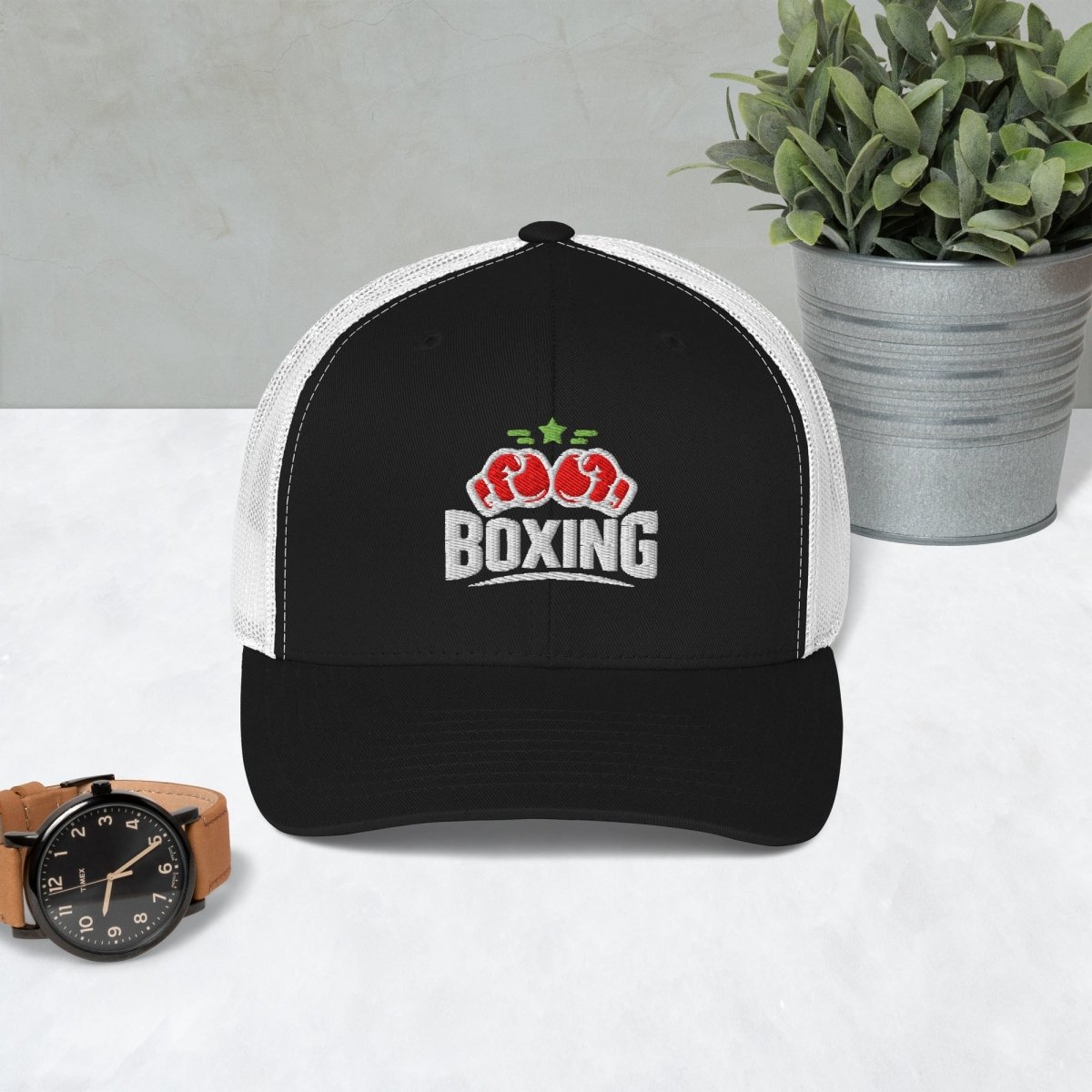 Minimalist Boxing Cap – Bold Black & White Embroidered Hat with Lime Accent - OuSfian
